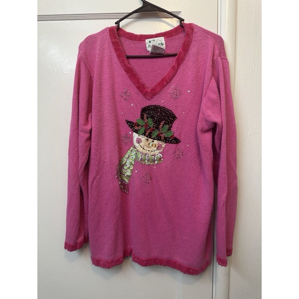 Vintage Quacker Factory Sweater Light Pink Snowman Sequins Womens L Embroidered